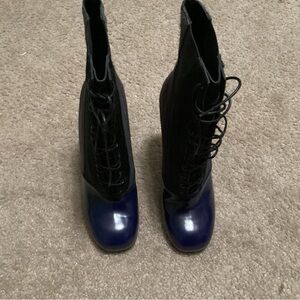 FENDI Multi Pony Hair & Navy Leather Lace Up Mid-Calf Booties